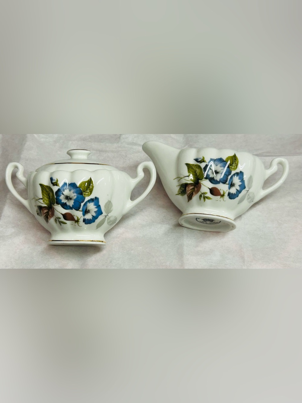 Royal Dover England Creamer & Sugar Bowl Set Demitasse Bone China Blue Flowers